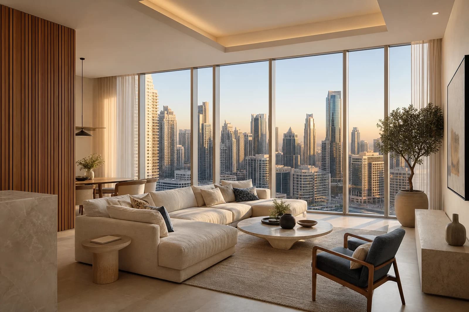 Contemporary Dubai apartment interior concept; AI-generated concept